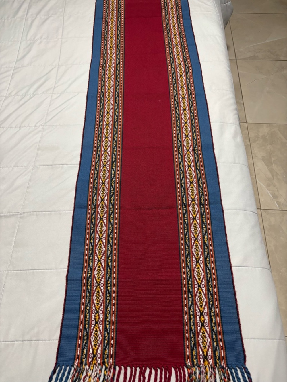 Peruvian Woven Red and Blue Table Runner with Geometric Trim